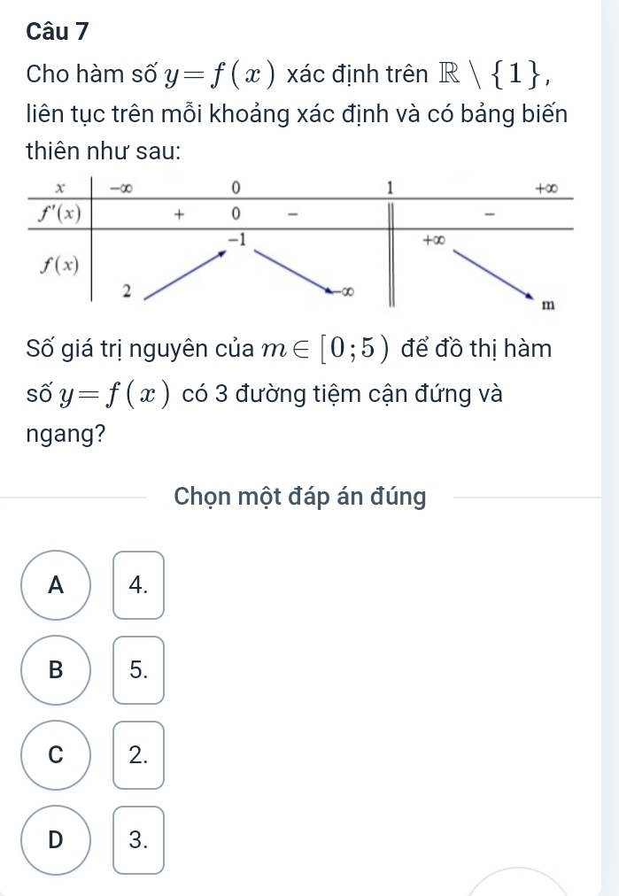 Cho hàm số y=f(x) xác định trên R| 1 ,
liên tục trên mỗi khoảng xác định và có bảng biến
thiên như sau:
Số giá trị nguyên của m∈ [0;5) để đồ thị hàm
số y=f(x) có 3 đường tiệm cận đứng và
ngang?
Chọn một đáp án đúng
A 4.
B 5.
C 2.
D 3.