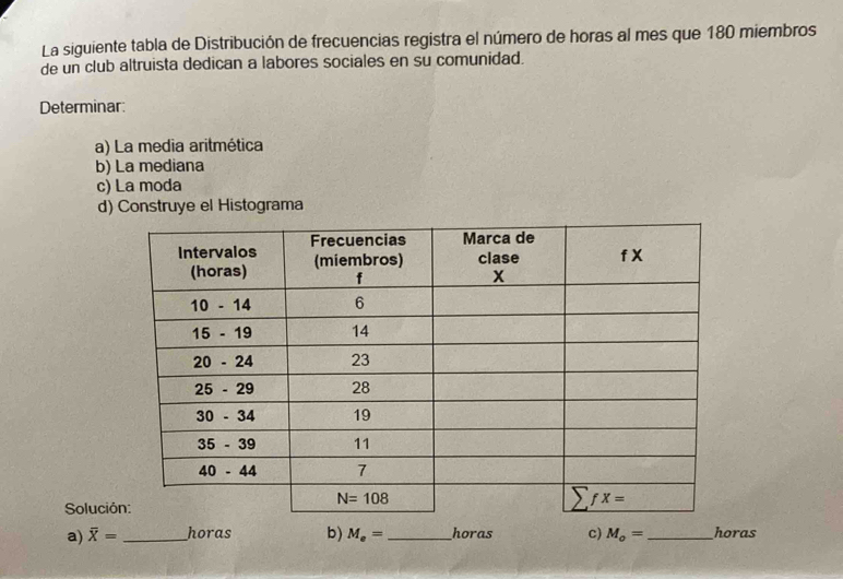 La siguiente tabla de Distribución de frecuencias registra el número de horas al mes que 180 miembros
de un club altruista dedican a labores sociales en su comunidad.
Determinar:
a) La media aritmética
b) La mediana
c) La moda
d) Construye el Histograma
Soluci
a) overline X= _horas b) M_e= _horas c) M_o= _horas