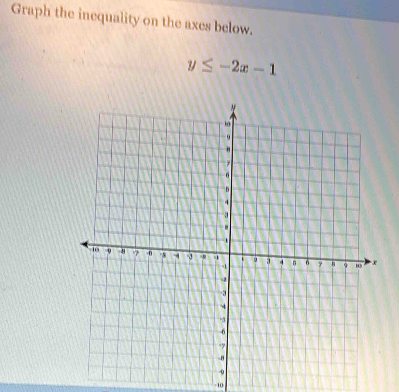 Graph the inequality on the axes below.
y≤ -2x-1
-10