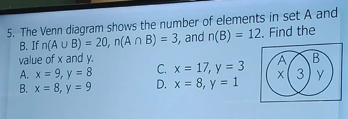 Solved: The Venn diagram shows the number of elements in set A and B ...