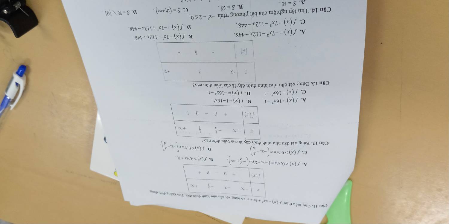 Cho biểu thức f(x)=ax^2+bx+ + c  cóảng định đùng
A. B. f(x)≤ 0,forall x∈ R
C. f(x)>0,forall x∈ (-2;- 3/4 ).
D.
Câu 12. Bảng xét dấu như hình dưới đây là của b f(x)≤ 0,forall x∈ [-2,- 3/4 ]
A. f(x)=16x^2-1. B. f(x)=1-16x^2.
C. f(x)=16x^2-1. D. f(x)=-16x^2-1.
Câu 13. Bảng xét dấu như hình dưới đây là của biểu thức nào?
A. f(x)=-7x^2-112x-448. B. f(x)=7x^2-112x+448.
C. f(x)=7x^2-112x-448.
D. f(x)=-7x^2+112x-448.
Câu 14. Tìm tập nghiệm của bất phương trình -x^2-2≤ 0.
A. S=R.
B. S=varnothing . C. S=(0;+∈fty ). D. S=R 0 .