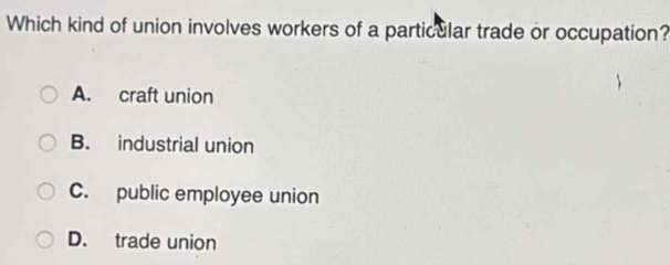 Which kind of union involves workers of a particular trade or occupation?
A. craft union
B. industrial union
C. public employee union
D. trade union