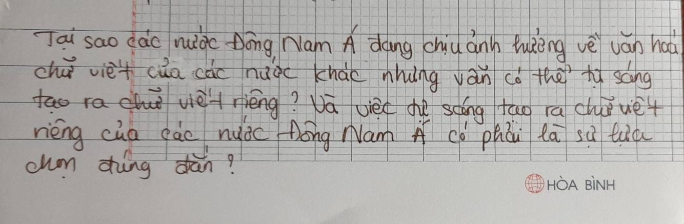 Jai sao dào nuàc Dōng Nam A dong chiu ánh tuèèng vè uán hot 
chú viet cǎa càc nǎgc khào nhung ván co the tù sāng 
tao rachu viè+ rièng? Vā vièu dhe sdáng tao ra chǒvé+ 
rièng cua gào nuǎc hóng Nám Cò phái lā sà tuà 
chm zhung dàn?