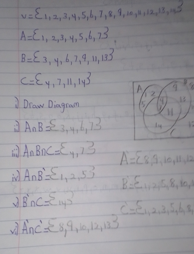 v= 1,2,3,4,5,6,7,8,9,10,11,12,13,14
A= 1,2,3,4,5,6,7
B= 3,4,6,7,4,11,13
C= 4,7,11,14
B
9
A 2
Draw Diagram
4
1. H
A∩ B= 3,4,6,7
ly 
i A∩ B∩ C= 4,7 A= 8,9,10,11,12
in A∩ B'= 1,2,5
B= 1,2,5,8,10,1
√ B'∩ C= 14
C= 1,2,3,5,6,8, 
Vi A'_nC'= 8,9,10,12,13