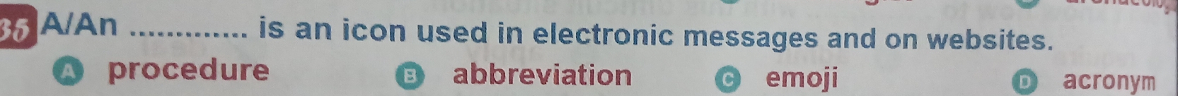 A/An_
is an icon used in electronic messages and on websites.
procedure abbreviation emoji
acronym