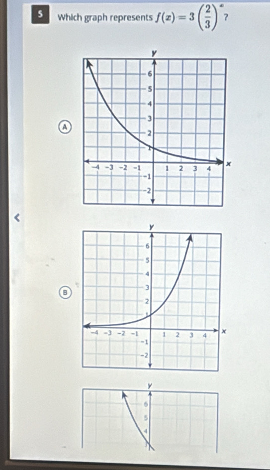 Which graph represents f(x)=3( 2/3 )^x ? 
a 
B
y
6
5
4