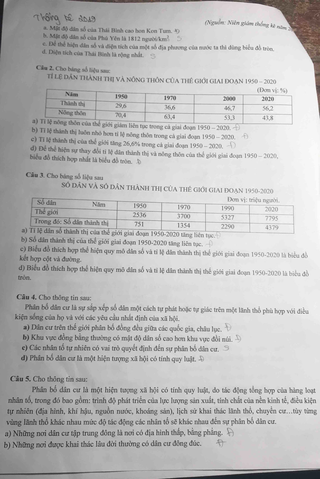 Thông
(Nguồn: Niên giám thống kê năm 20
a. Mật độ dân số của Thái Bình cao hon Kon Tum. ७
b. Mật độ dân số của Phú Yên là 1812 người/km²
c. Để thể hiện dân số và diện tích của một số địa phương của nước ta thì dùng biểu đồ tròn.
d. Diện tích của Thái Bình là rộng nhất.
Câu 2. Cho bảng số liệu sau:
Tỉ Lệ DâN tHàNH THị vÀ NÔNG THÔN CủA THÊ GIỚI GIAI ĐOẠN 1950 - 2020
tục trong cả giai đoạn 1950 - 2020.
b) Tỉ lệ thành thị luôn nhỏ hơn tỉ lệ nông thôn trong cả giai đoạn 1950 - 2020.
c) Tỉ lệ thành thị của thế giới tăng 26,6% trong cả giai đoạn 1950-2 020.
d) Để thể # hiện sự thay đổi tỉ lệ dân thành thị và nông thôn của thế giới giai đoạn 1950 - 2020,
biểu đồ thích hợp nhất là biều đồ tròn. 
Câu 3. Cho bảng số liệu sau
Số dâN VÀ SÓ DÂN tHàNH tHị CủA tHẻ GIớI GIAI ĐOẠN 1950-2020
020 tăng liên tục.
b) Số dân thành thị của thế giới giai đoạn 1950-2020 tăng liên tục.
c) Biểu đồ thích hợp thể hiện quy mô dân số và tỉ lệ dân thành thị thế giới giai đoạn 1950-2020 là biểu đồ
kết hợp cột và đường.
d) Biểu đồ thích hợp thể hiện quy mô dân số và tỉ lệ dân thành thị thế giới giai đoạn 1950-2020 là biểu đồ
tròn.
Câu 4. Cho thông tin sau:
Phân bố dân cư là sự sắp xếp số dân một cách tự phát hoặc tự giác trên một lãnh thổ phù hợp với điều
kiện sống của họ và với các yêu cầu nhất định của xã hội.
a) Dân cư trên thế giới phân bố đồng đều giữa các quốc gia, châu lục.
b) Khu vực đồng bằng thường có mật độ dân số cao hơn khu vực đồi núi.
c) Các nhân tố tự nhiên có vai trò quyết định đến sự phân bố dân cư.
d) Phân bố dân cư là một hiện tượng xã hội có tính quy luật. Đ
Câu 5. Cho thông tin sau:
Phân bố dân cư là một hiện tượng xã hội có tính quy luật, do tác động tổng hợp của hàng loạt
nhân tố, trong đó bao gồm: trình độ phát triển của lực lượng sản xuất, tính chất của nền kinh tế, điều kiện
tự nhiên (địa hình, khí hậu, nguồn nước, khoáng sản), lịch sử khai thác lãnh thổ, chuyền cư...tùy từng
vùng lãnh thổ khác nhau mức độ tác động các nhân tố sẽ khác nhau đến sự phân bố dân cư.
a) Những nơi dân cư tập trung đông là nơi có địa hình thấp, bằng phẳng.
b) Những nơi được khai thác lâu đời thường có dân cư đông đúc.