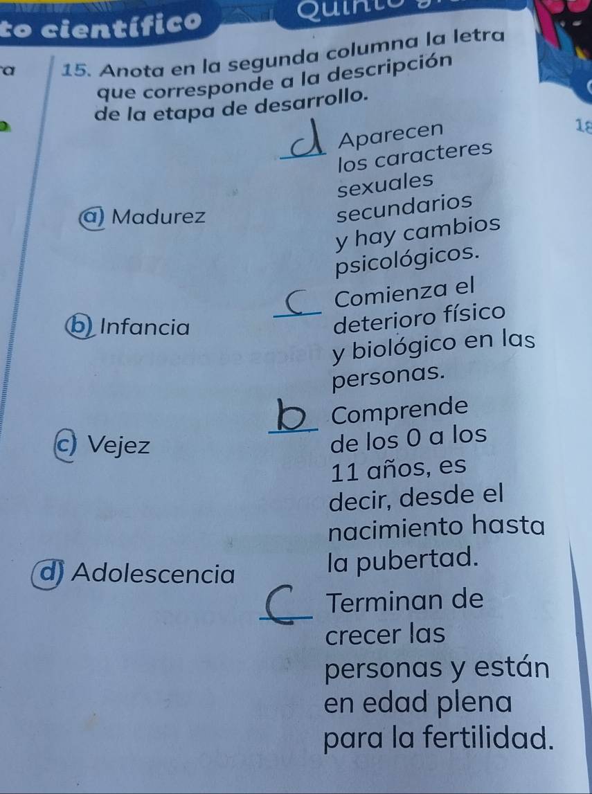 to científico Quinto 
a 15. Anota en la segunda columna la letra 
que corresponde a la descripción 
de la etapa de desarrollo. 
Aparecen 
18 
_los caracteres 
sexuales 
a) Madurez 
secundarios 
y hay cambios 
psicológicos. 
Comienza el 
b) Infancia 
_deterioro físico 
y biológico en las 
personas. 
Comprende 
c) Vejez 
_de los 0 a los 
11 años, es 
decir, desde el 
nacimiento hasta 
d) Adolescencia 
la pubertad. 
_ 
Terminan de 
crecer las 
personas y están 
en edad plena 
para la fertilidad.