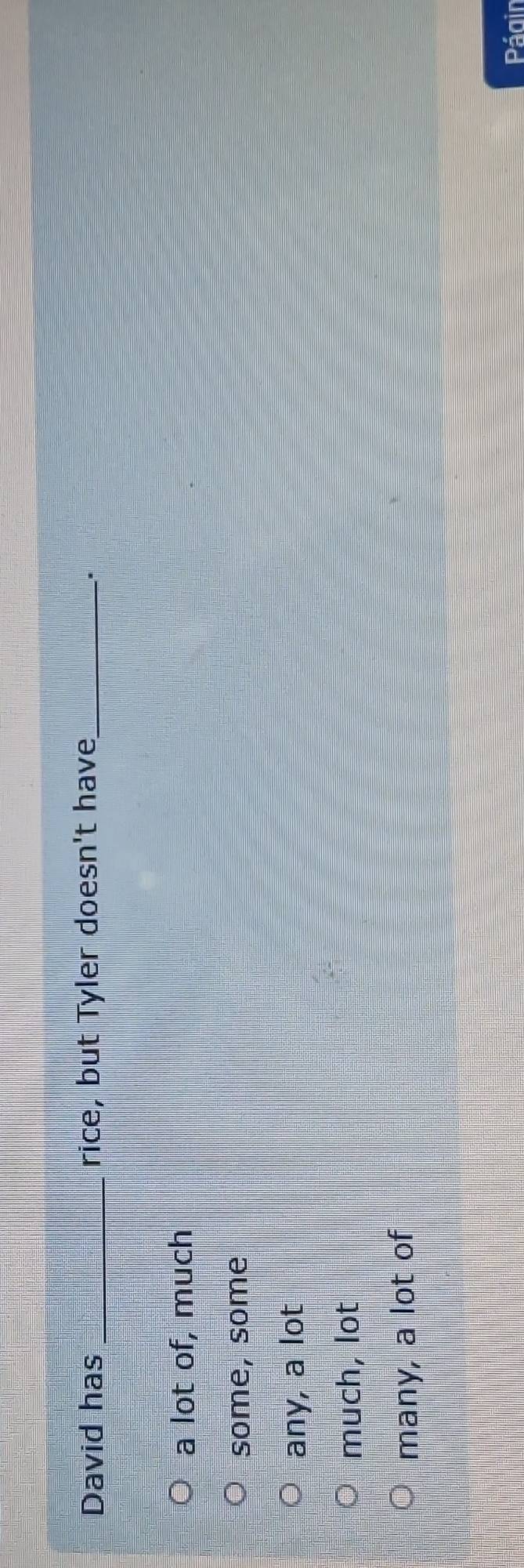 David has _rice, but Tyler doesn't have_
.
a lot of, much
some, some
any, a lot
much, lot
many, a lot of
Págin