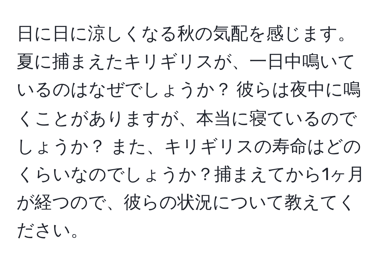 日に日に涼しくなる秋の気配を感じます。夏に捕まえたキリギリスが、一日中鳴いているのはなぜでしょうか？ 彼らは夜中に鳴くことがありますが、本当に寝ているのでしょうか？ また、キリギリスの寿命はどのくらいなのでしょうか？捕まえてから1ヶ月が経つので、彼らの状況について教えてください。