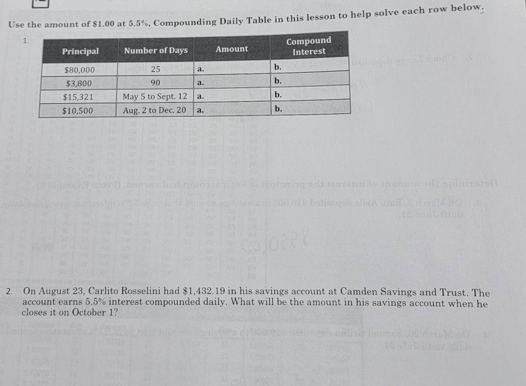 Use the amount of $1.00 at 5.5%, Compounding Daily Table in this lesson to help solve each row below. 
2. On August 23, Carlito Rosselini had $1,432.19 in his savings account at Camden Savings and Trust. The 
account earns 5.5% interest compounded daily. What will be the amount in his savings account when he 
closes it on October 1?