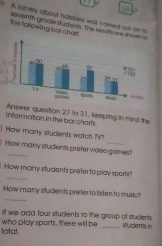 3x^2
U^2
A survey about hobbies was carried out on to 
seventh grade students. The resuits are s 
the following bar chart . 
Answer question 27 to 31, keeping in mind the 
information in the bar charts. 
) How many students watch TV? 
How many students prefer video games? 
_ 
How many students prefer to play sports? 
_ 
How many students prefer to listen to music? 
If we add four students to the group of students 
who play sports, there will be _students in 
total.