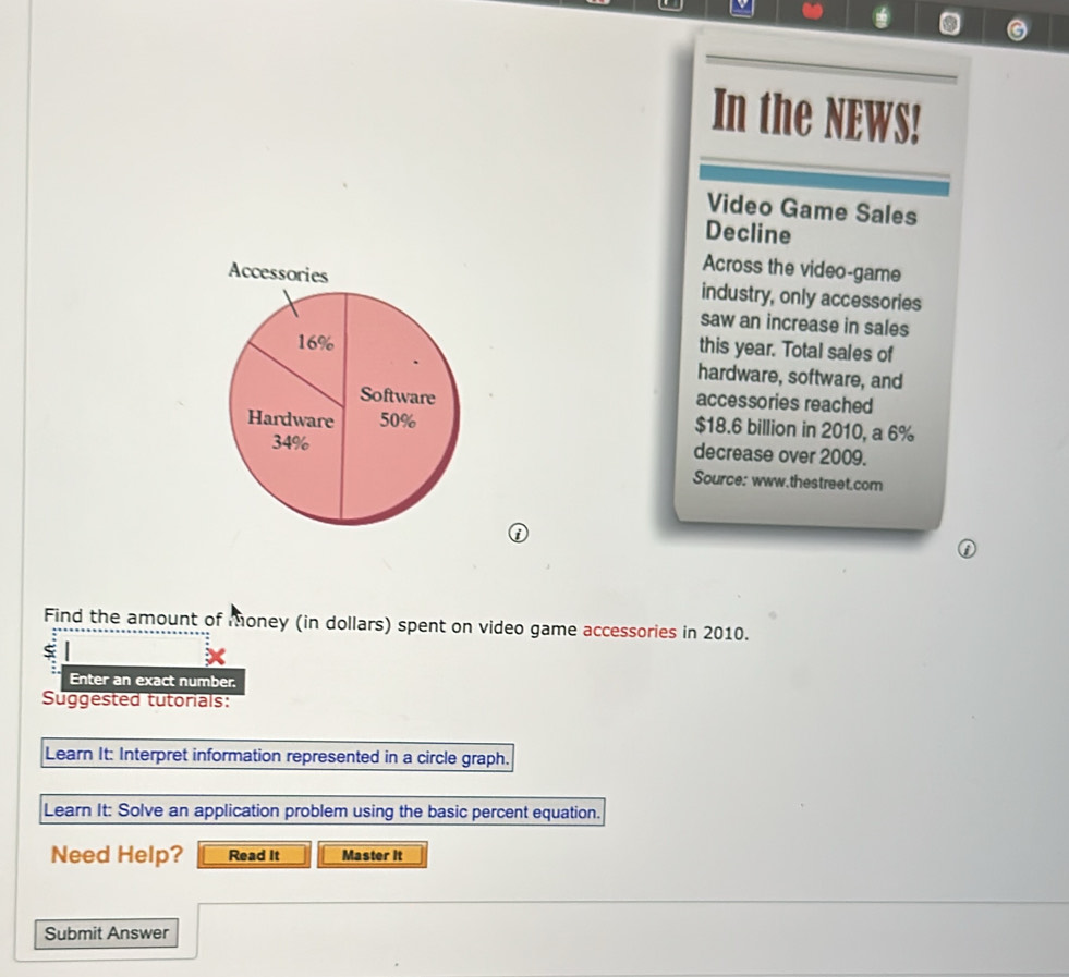 In the NEWS! 
Video Game Sales 
Decline 
Across the video-game 
industry, only accessories 
saw an increase in sales 
this year. Total sales of 
hardware, software, and 
accessories reached
$18.6 billion in 2010, a 6%
decrease over 2009. 
Source: www.thestreet.com 
i 
① 
Find the amount of money (in dollars) spent on video game accessories in 2010. 
Enter an exact number. 
Suggested tutorials: 
Learn It: Interpret information represented in a circle graph. 
Learn It: Solve an application problem using the basic percent equation. 
Need Help? Read It Master It 
Submit Answer