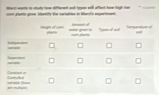 Mare wants to studly how diffferent sall types will affect how high her * 12 sstts
com plants grow kentily the variables in Mard's experment.