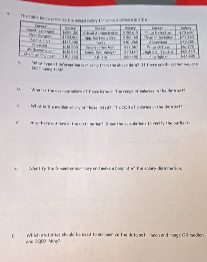 The table below provide in 2016. 
What type of information is missing from the above data? If there anything that you are 
NOT being told? 
b. What is the average salary of those listed? The range of salaries in the data set? 
c. What is the median salary of those listed? The IQR of salaries in the data set? 
d. Are there outliers in the distribution? Show the calculations to verify the outliers, 
e. Identify the 5 -number summary and make a boxplot of the salary distribution. 
f, Which statistics should be used to summarize the data set: mean and range OR median 
and IQR? Why?