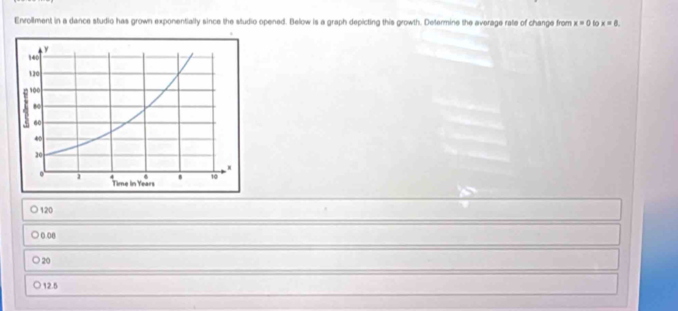 Enrollment in a dance studio has grown exponentially since the studio opened. Below is a graph depicting this growth. Determine the average rate of change from x=0 to x=8.
120
0.08
20
12.5