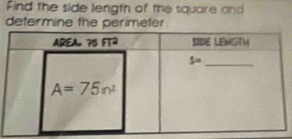 Find the side length of the square and
determine the perimeter .