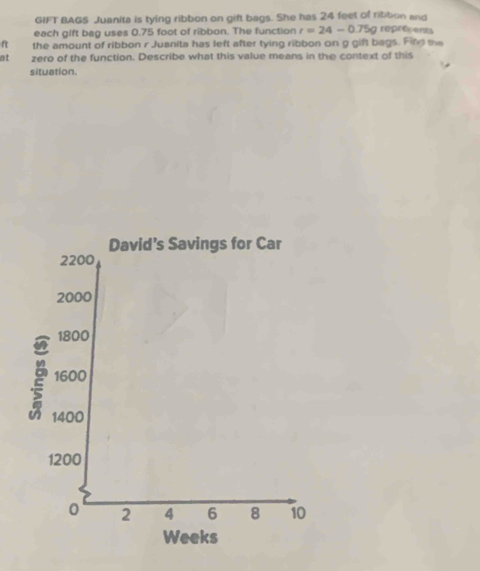 GIFT BAGS Juanita is tying ribbon on gift bags. She has 24 feet of ribbon and 
each gift bag uses 0.75 foot of ribbon. The function r=24-0.75g represents 
f the amount of ribbon r Juanita has left after tying ribbon on g gift bags. Fing the 
at zero of the function. Describe what this value means in the context of this 
situation.
Weeks
