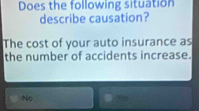 Does the following situation
describe causation?
The cost of your auto insurance as
the number of accidents increase.
No