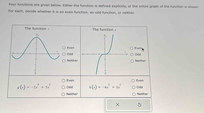 Four functions are given below. Either the function is defined explicitly, or the entire graph of the function is shown.
For each, decide whether it is an even function, an odd function, or neither.
The function The function s
EvenEven
OddOdd
NeitherNeither
Even Even
g(x)=-2x^4+5x^2 Odd h(x)=-6x^5+3x^2 Odd
Neither Neither
×