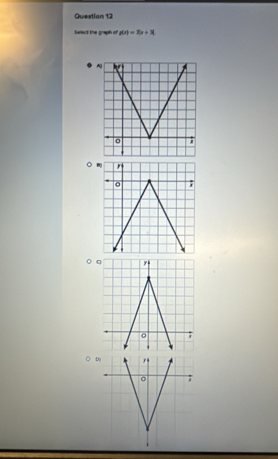 Select the graph of g(x)=2|x+3|. 
D