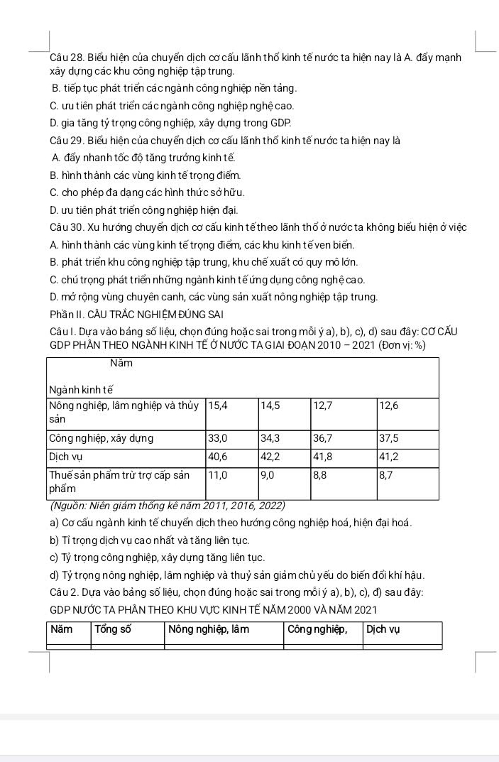 Biểu hiện của chuyển dịch cơ cấu lãnh thổ kinh tế nước ta hiện nay là A. đẩy mạnh
xây dựng các khu công nghiệp tập trung.
B. tiếp tục phát triển các ngành công nghiệp nền táng.
C. ưu tiên phát triển các ngành công nghiệp nghệ cao.
D. gia tăng tỷ trọng công nghiệp, xây dựng trong GDP.
Câu 29. Biểu hiện của chuyển dịch cơ cấu lãnh thổ kinh tế nước ta hiện nay là
A. đẩy nhanh tốc độ tăng trưởng kinh tế.
B. hình thành các vùng kinh tế trọng điểm.
C. cho phép đa dạng các hình thức sở hữu.
D. ưu tiên phát triển công nghiệp hiện đại.
Câu 30. Xu hướng chuyển dịch cơ cấu kinh tế theo lãnh thổ ở nước ta không biểu hiện ở việc
A. hình thành các vùng kinh tế trọng điểm, các khu kinh tế ven biển.
B. phát triển khu công nghiệp tập trung, khu chế xuất có quy mô lớn.
C. chú trọng phát triển những ngành kinh tế ứng dụng công nghệ cao.
D. mở rộng vùng chuyên canh, các vùng sản xuất nông nghiệp tập trung.
Phần II. CÂU TRÅC NGHIỆM ĐÚNG SAI
Câu I. Dựa vào bảng số liệu, chọn đúng hoặc sai trong mỗi ý a), b), c), d) sau đây: CƠ CẤU
GDP PHÂN THEO NGÀNH KINH TẾ Ở NƯỚC TA GIAI ĐOẠN 2010 - 2021 (Đơn vị: %)
a) Cơ cấu ngành kinh tế chuyển dịch theo hướng công nghiệp hoá, hiện đại hoá.
b) Tỉ trọng dịch vụ cao nhất và tăng liên tục.
c) Tỷ trọng công nghiệp, xây dựng tăng liên tục.
d) Tỷ trọng nông nghiệp, lâm nghiệp và thuỷ sản giảm chủ yếu do biến đổi khí hậu.
Câu 2. Dựa vào bảng số liệu, chọn đúng hoặc sai trong mỗiý a), b), c), đ) sau đây:
GDP NƯỚC TA PHÂN THEO KHU Vực KINH TẾ Năm 2000 vÀ năm 2021
Năm Tổng số Nông nghiệp, lâm Công nghiệp, Dịch vụ