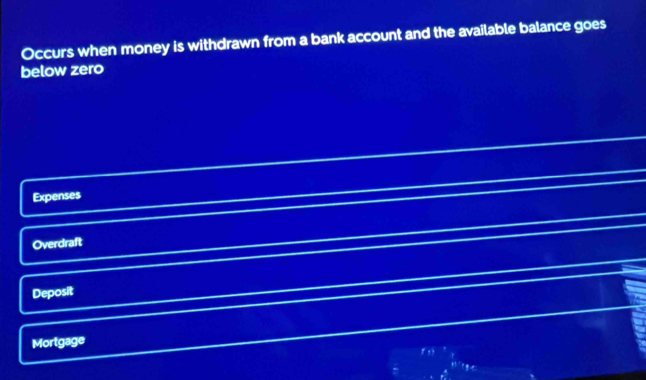 Occurs when money is withdrawn from a bank account and the available balance goes
below zero
Expenses
Overdraft
Deposit
Mortgage