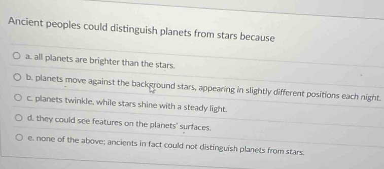 Ancient peoples could distinguish planets from stars because
a. all planets are brighter than the stars.
b. planets move against the background stars, appearing in slightly different positions each night.
c. planets twinkle, while stars shine with a steady light.
d. they could see features on the planets' surfaces.
e. none of the above; ancients in fact could not distinguish planets from stars.