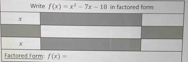 Write f(x)=x^2-7x-18 in factored form