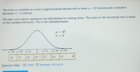 The time to complete an exam is approximately Normal with a mean mu =47 minutes and a standard 
deviation sigma =5 minutes
The bell curve below represents the distribution for testing times. The scale on the horizontal axis is equal
to the standard deviation. Fill in the indicated boxes,
32 37 42 52 57 62 67 ×
Question Help: * Video -Message instructor