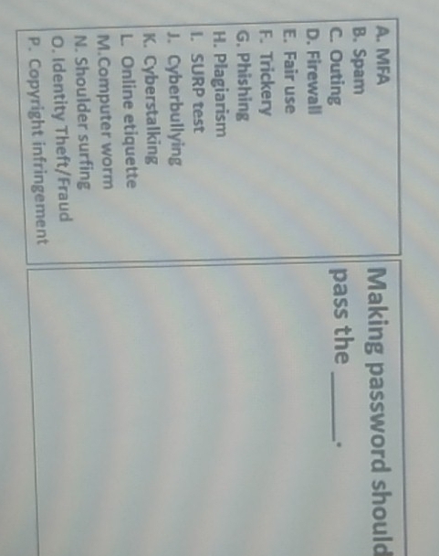 MFA 
Making password should 
B. Spam 
C. Outing pass the_ 
D. Firewall 
E. Fair use 
F. Trickery 
G. Phishing 
H. Plagiarism 
I. SURP test 
J. Cyberbullying 
K. Cyberstalking 
L. Online etiquette 
M.Computer worm 
N. Shoulder surfing 
O. Identity Theft/Fraud 
P. Copyright infringement