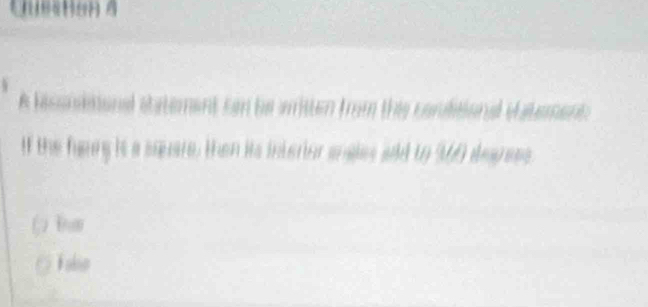 A bissnitiona statement can he amitten from ths corlitional eatement:
if the faurg it a seare. then its interior angles wid to 360 dearees
Falo