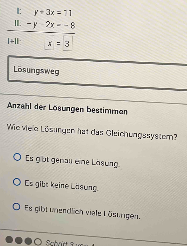 I: y+3x=11
II: -y-2x=-8
I+II: x=3
Lösungsweg
Anzahl der Lösungen bestimmen
Wie viele Lösungen hat das Gleichungssystem?
Es gibt genau eine Lösung.
Es gibt keine Lösung.
Es gibt unendlich viele Lösungen.
Schritt 3