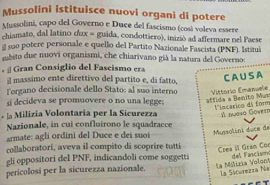 Mussolini istituisce nuovi organi di potere 
Mussolini, capo del Governo e Duce del fascismo (così voleva essere 
chiamato, dal latino dux = guida, condottiero), inizió ad affermare nel Paese 
il suo potere personale e quello del Partito Nazionale Fascista (PNF). Istitul 
subito due nuovi organismi, che chiarivano già la natura del Governo: 
# ¡ Gran Consiglio del Fascismo era 
il massimo ente direttivo del partito e, di fatto, 
CAUSA 
l'organo decisionale dello Stato; al suo interno Vittorio Emanuele 
si decideva se promuovere o no una legge; affida a Benito Mus: 
l'incarico di form 
* la Milizia Volontaria per la Sicurezza il nuovo Gövern 
Nazionale, in cui confluirono le squadracce 
armate: agli ordini del Duce e dei suoi Mussolini duce de 
collaboratori, aveva il compito di scoprire tutti 
Crea il Gran Cor 
gli oppositori del PNF, indicandoli come soggetti del Fascism 
la Milizia Volont 
pericolosi per la sicurezza nazionale. 
la Sicurezza Na