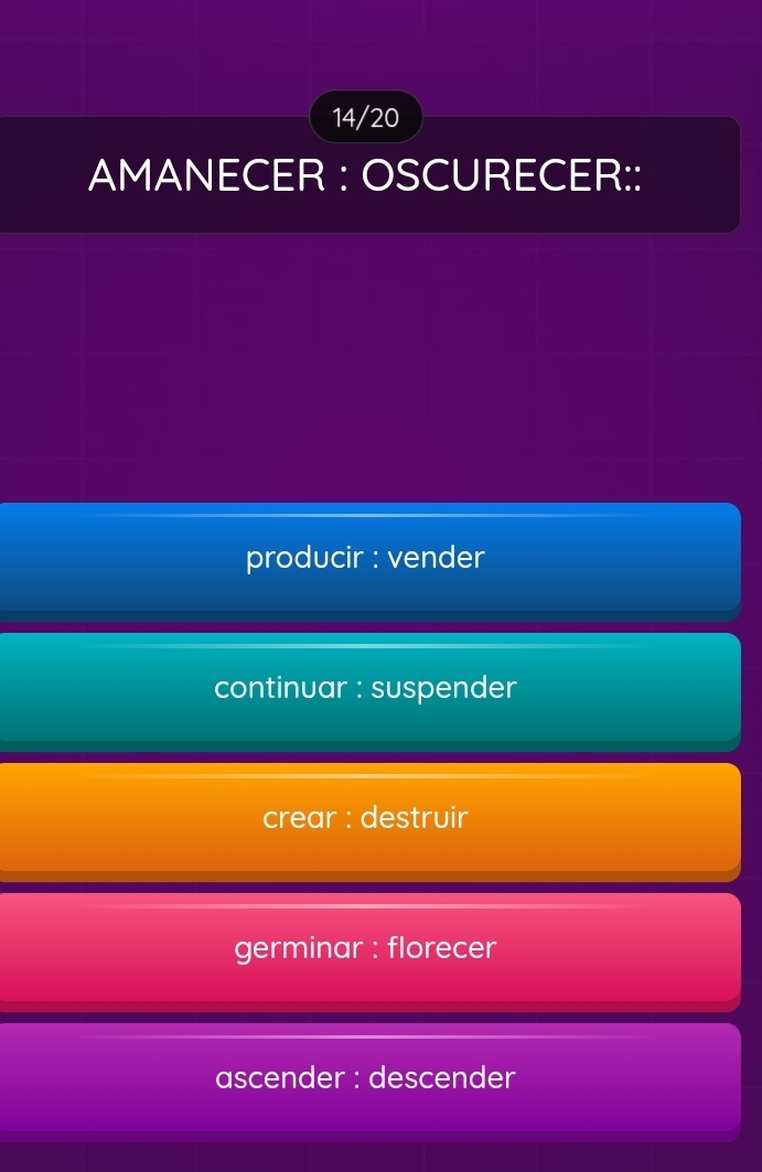 14/20
AMANECER : OSCURECER::
producir : vender
continuar : suspender
crear : destruir
germinar : florecer
ascender : descender