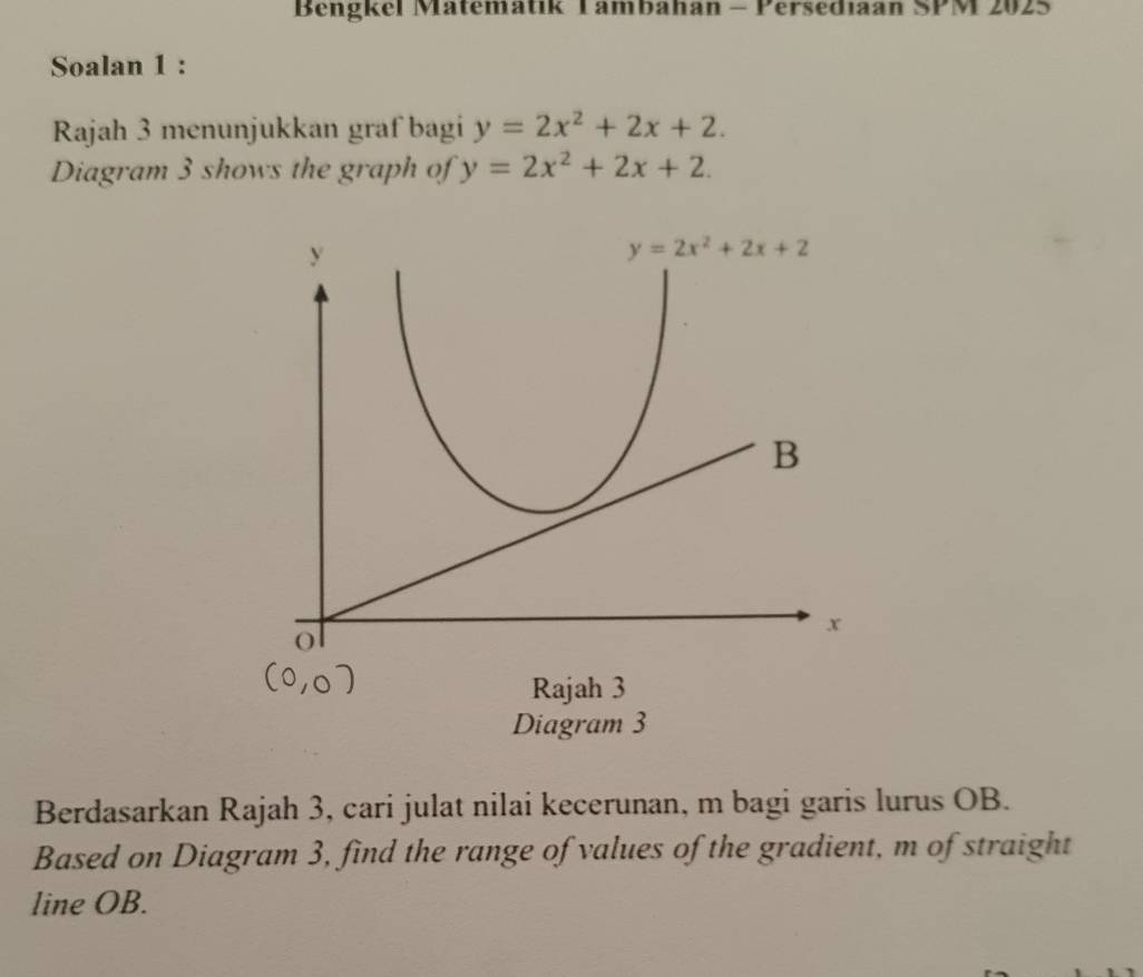 Bengkel Matematik Tambahan - Persediaan SPM 2025
Soalan 1 :
Rajah 3 menunjukkan graf bagi y=2x^2+2x+2.
Diagram 3 shows the graph of y=2x^2+2x+2.
Berdasarkan Rajah 3, cari julat nilai kecerunan, m bagi garis lurus OB.
Based on Diagram 3, find the range of values of the gradient, m of straight
line OB.