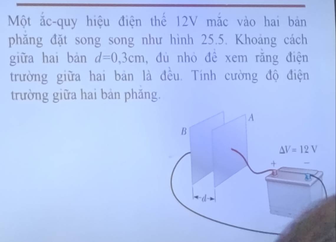 Một ắc-quy hiệu điện thế 12V mắc vào hai bản
phăng đặt song song như hình 25.5. Khoáng cách
giữa hai bàn d=0,3cm , đù nhỏ đề xem rằng điện
trường giữa hai bản là đều. Tính cường độ điện
trường giữa hai bản phăng.