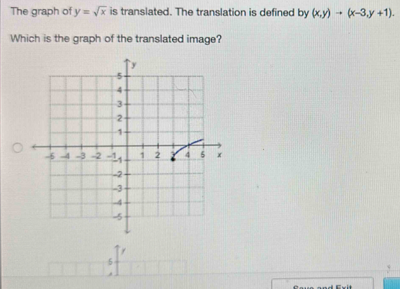 The graph of y=sqrt(x) is translated. The translation is defined by (x,y)to (x-3,y+1). 
Which is the graph of the translated image?