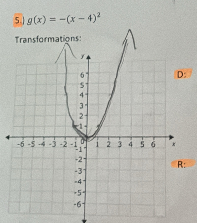 5.) g(x)=-(x-4)^2
Transformations: