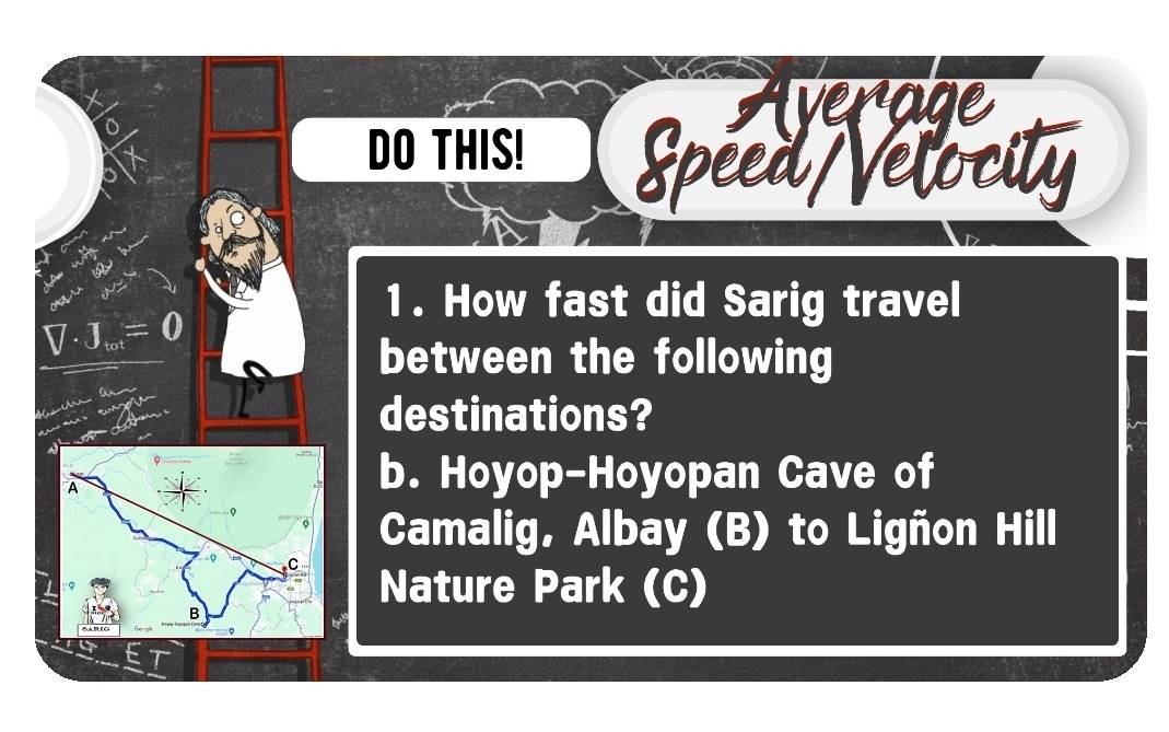 Average
DO THIS! Spéed/Velo city
1. How fast did Sarig travel
V· J_tot=0
between the following
M 
destinations?
A
b. Hoyop-Hoyopan Cave of
Camalig, Albay (B) to Ligñon Hill
-0 C
Nature Park (C)
B