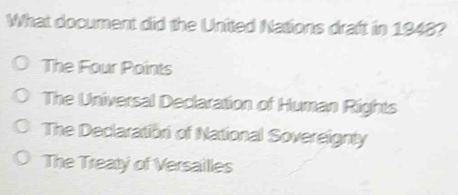 What document did the United Nations draft in 1948?
The Four Points
The Universal Declaration of Human Rights
The Declaratiori of National Sovereignty
The Treaty of Versailles