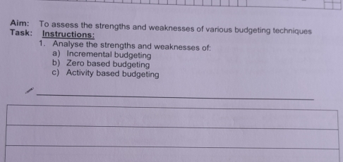 Aim: To assess the strengths and weaknesses of various budgeting techniques 
Task: Instructions: 
1. Analyse the strengths and weaknesses of: 
a) Incremental budgeting 
b) Zero based budgeting 
c) Activity based budgeting 
_ 
_