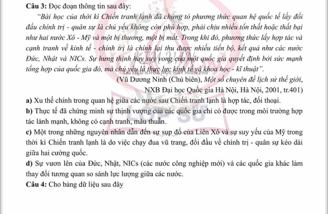 Đọc đoạn thông tin sau đây:
'Bài học của thời kì Chiến tranh lạnh đã chứng tỏ phương thức quan hệ quốc tế lấy đổi
đầu chính trị - quân sự là chủ yếu không còn phù hợp, phải chịu nhiều tổn thất hoặc thất bại
như hai nước Xô - Mỹ và một bị thương, một bị mắt. Trong khi đó, phương thức lấy hợp tác và
cạnh tranh về kinh tế - chính trị là chính lại thu được nhiều tiến bộ, kết quả như các nước
Đức, Nhật và NICs. Sự hưng thịnh hay suy vong của một quốc gia quyết định bởi sức mạnh
tổng hợp của quốc gia đó, mà chủ yếu là thực lực kinh tế và khoa học - kĩ thuật''.
(Vũ Dương Ninh (Chủ biên), Một số chuyên để lịch sử thế giới,
NXB Đại học Quốc gia Hà Nội, Hà Nội, 2001, tr.401)
a) Xu thế chính trong quan hệ giữa các nước sau Chiến tranh lạnh là hợp tác, đối thoại.
b) Thực tế đã chứng minh sự thịnh vượng của các quốc gia chi có được trong môi trường hợp
tác lành mạnh, không có cạnh tranh, mâu thuẫn.
c) Một trong những nguyên nhân dẫn đến sự sụp đổ của Liên Xô và sự suy yếu của Mỹ trong
thời kì Chiến tranh lạnh là do việc chạy đua vũ trang, đối đầu về chính trị - quân sự kéo dài
giữa hai cường quốc.
d) Sự vươn lên của Đức, Nhật, NICs (các nước công nghiệp mới) và các quốc gia khác làm
thay đổi tương quan so sánh lực lượng giữa các nước.
Câu 4: Cho bảng dữ liệu sau đây