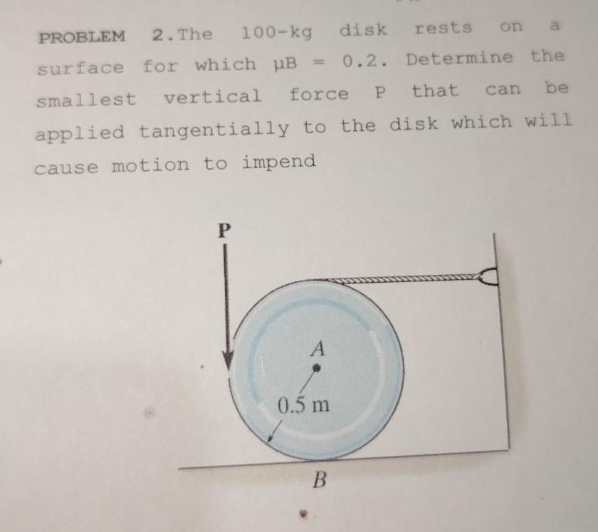 Solved: PROBLEM 2.The 100-kg disk rests on a surface for which mu B=0.2 ...
