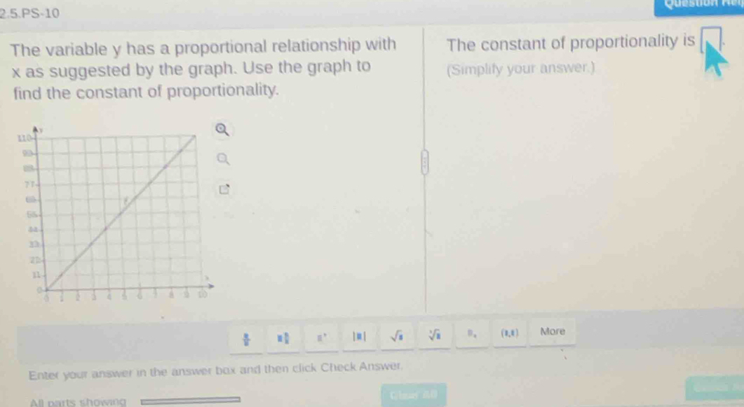 2.5.PS-10 
The variable y has a proportional relationship with The constant of proportionality is
x as suggested by the graph. Use the graph to (Simplify your answer.) 
find the constant of proportionality.
 8/11  overline □ frac □  □ /□   R^> |=| sqrt(s) sqrt[3](a) B. (1,8) More 
Enter your answer in the answer box and then click Check Answer. 
All parts showing C.luay 60