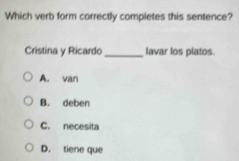 Solved: Which verb form correctly completes this sentence? Cristina y ...