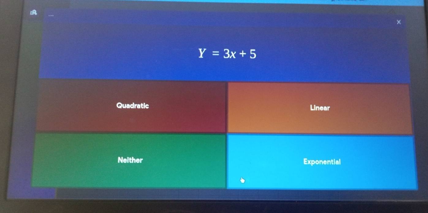 Y=3x+5
Quadratic Linear
Neither Exponential