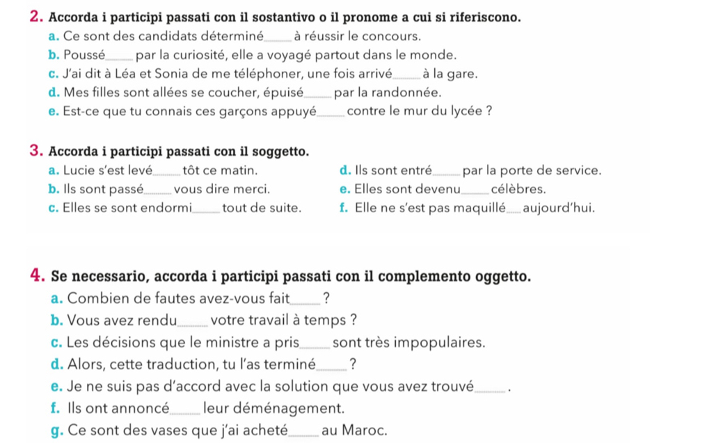 Accorda i participi passati con il sostantivo o il pronome a cui si riferiscono. 
a. Ce sont des candidats déterminé_ à réussir le concours. 
b. Poussé_ par la curiosité, elle a voyagé partout dans le monde. 
c. J'ai dit à Léa et Sonia de me téléphoner, une fois arrivé_ à la gare. 
d. Mes filles sont allées se coucher, épuisé_ par la randonnée. 
e. Est-ce que tu connais ces garçons appuyé_ contre le mur du lycée ? 
3. Accorda i participi passati con il soggetto. 
a. Lucie s'est levé_ tôt ce matin. d. Ils sont entré_ par la porte de service. 
b. Ils sont passé_ vous dire merci. e. Elles sont devenu_ célèbres. 
c. Elles se sont endormi_ tout de suite. f. Elle ne s’est pas maquillé_ aujourd'hui. 
4. Se necessario, accorda i participi passati con il complemento oggetto. 
a. Combien de fautes avez-vous fait_ ? 
b. Vous avez rendu_ votre travail à temps ? 
c. Les décisions que le ministre a pris_ sont très impopulaires. 
d. Alors, cette traduction, tu l’as terminé_ ? 
e. Je ne suis pas d’accord avec la solution que vous avez trouvé_ . 
f. Ils ont annoncé _leur déménagement. 
g. Ce sont des vases que j’ai acheté_ au Maroc.