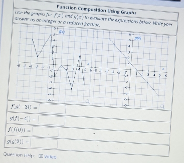 Function Composition Using Graphs
Use the graphs for f(x) and g(x) to evaluate the expressions below. Write your
answer as on integer or a reduc
f(g(-3))=□
g(f(-4))=□
f(f(0))=□
g(g(2))=□
Question Help: Œ Vídeo