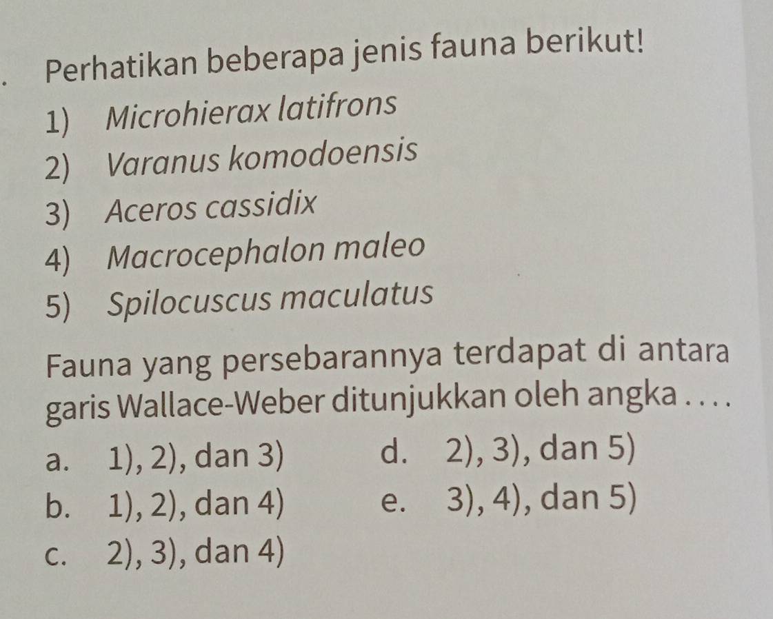 Perhatikan beberapa jenis fauna berikut!
1) Microhierax latifrons
2) Varanus komodoensis
3) Aceros cassidix
4) Macrocephalon maleo
5) Spilocuscus maculatus
Fauna yang persebarannya terdapat di antara
garis Wallace-Weber ditunjukkan oleh angka . . . .
a. 1),2) , dan 3) d. 2),3) , dan 5)
b. 1),2) , dan 4) e. 3),4) , dan 5)
C. 2),3) , dan 4)